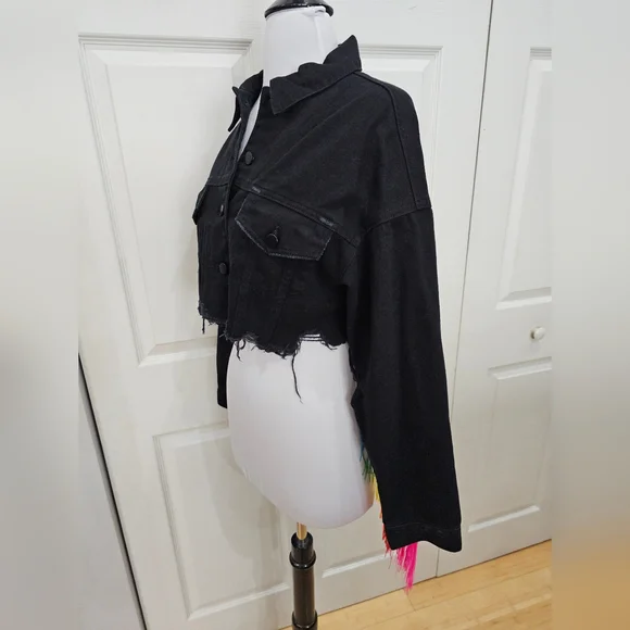 Dolls Kill Club Exx Rainbow Fringe Feel This Moment Black Denim Jacket Coat - Picture 6 of 9